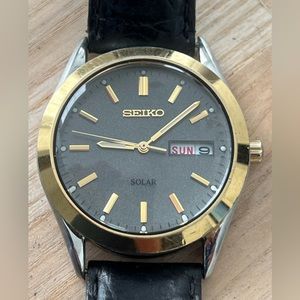 Seiko Solar Men’s Watch Two-Tone Case Dark Gray Dial Date Window Leather Strap